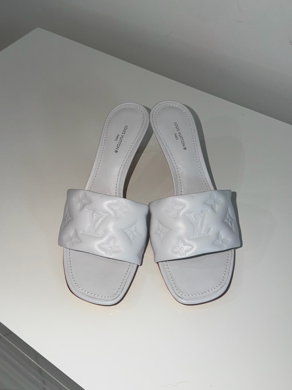 Louis Vuitton White Embossed Slide Mules